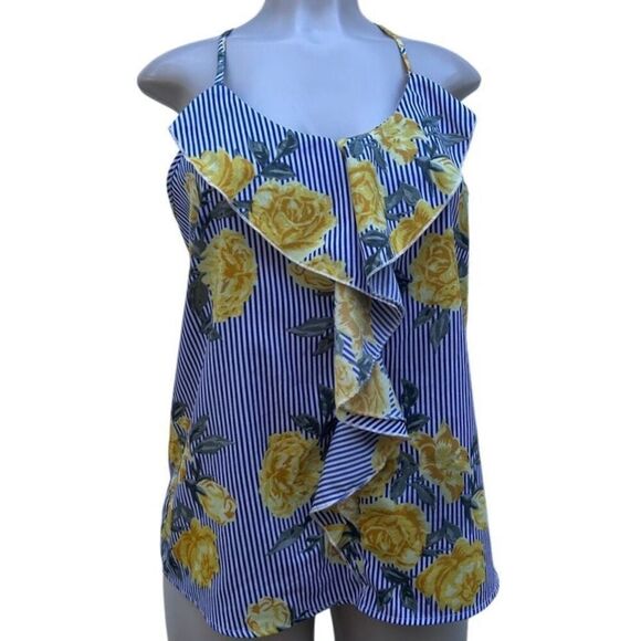 Time To Bloom Blouse Medium Blue Yellow Striped Floral Ruffle Spaghetti Strap - Picture 4 of 16